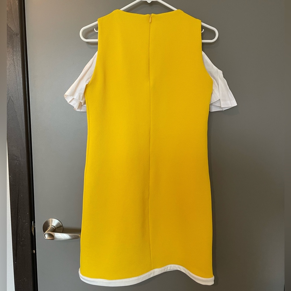 ZARA Mini Dress Poplin Cold Shoulder Textured Women’s Medium Yellow Sun-Dress - Picture 6 of 9